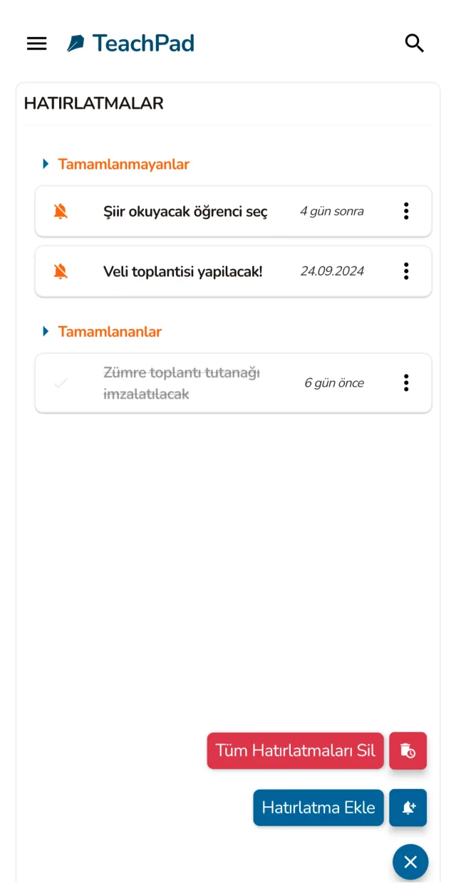 Hatırlatmalar ekranı: tamamlanan ve tamamlanmayan hatırlatmaların listesi