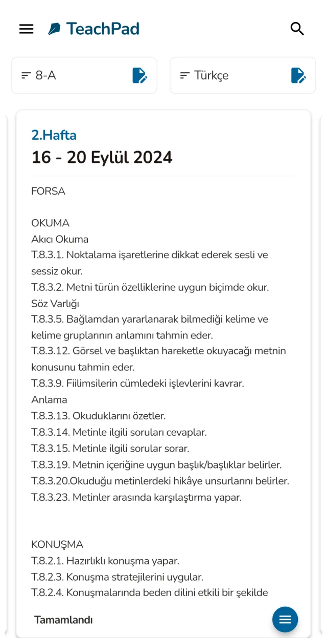 Ders kazanımları ekranı: hafta ve tarih başlığı altında okuma, anlama ve konuşma kazanımları listesi